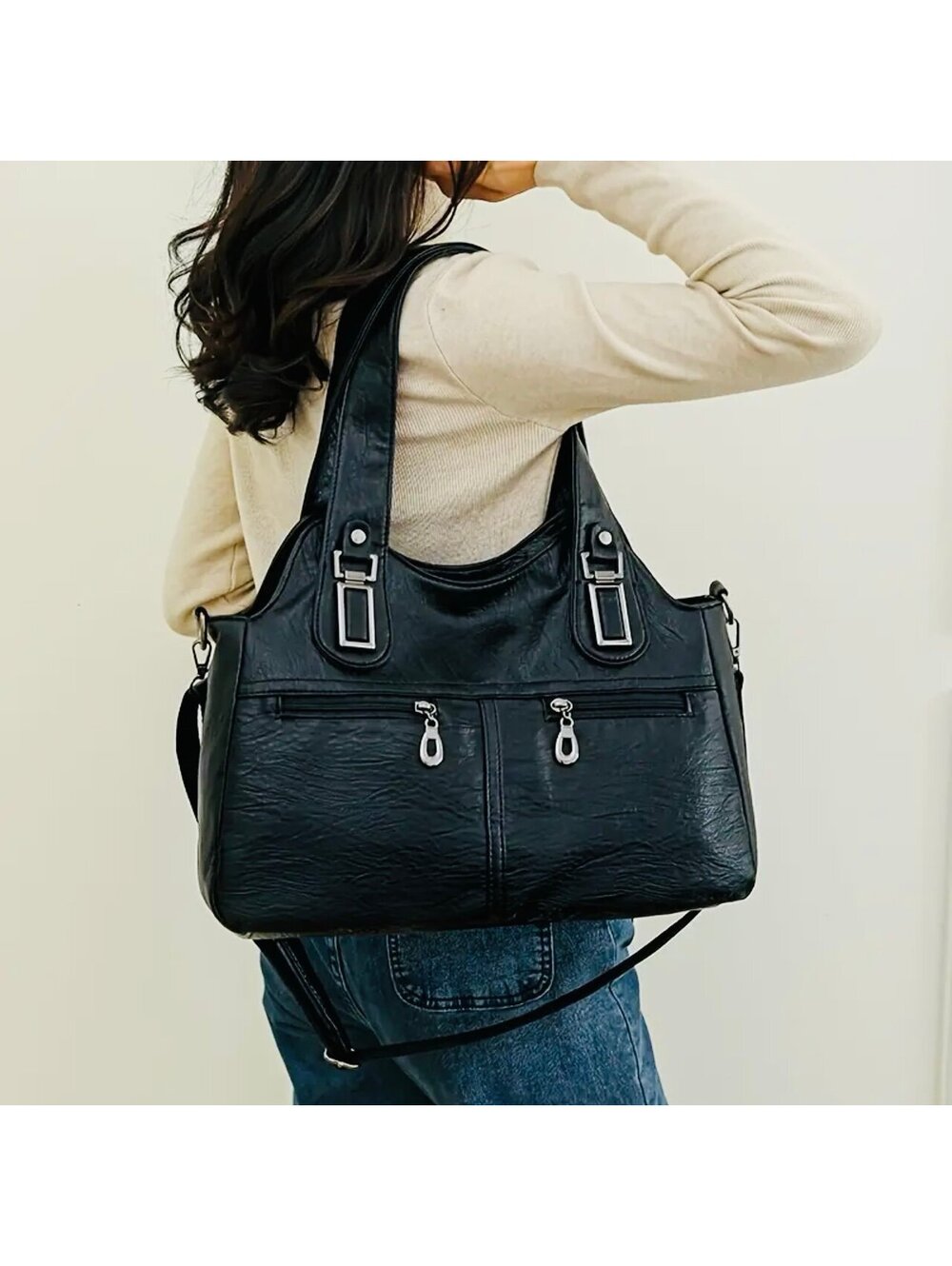 New -Chic -Y2K -X~Large Capacity Faux Leather Shoulder Bag /Tote -Black